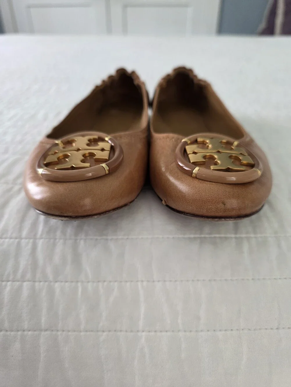 Tory Burch Multi Logo Tan Leather Reva Ballet Flats Size 9